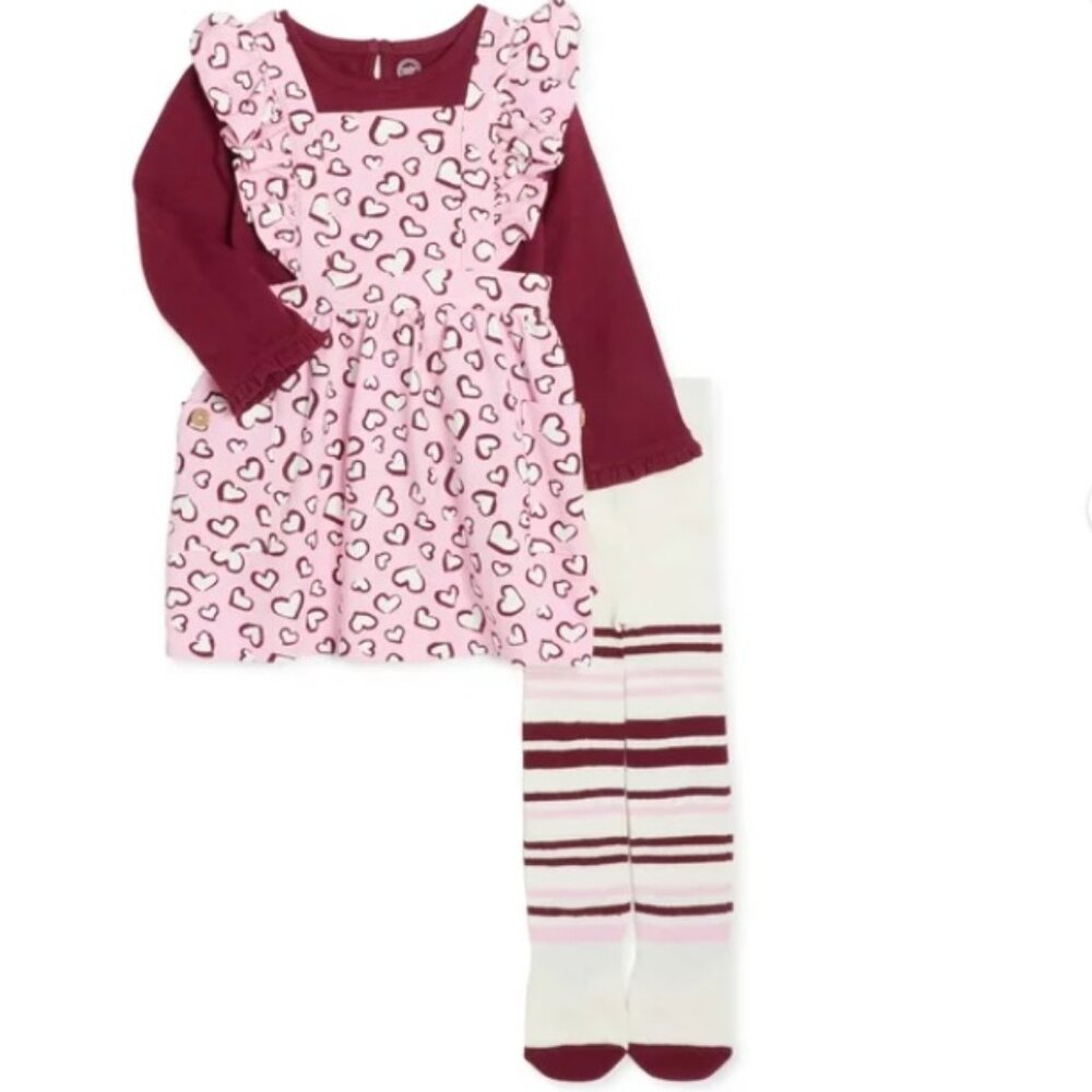 Wonder Nation Pinafore Dress, Long Sleeve Top & Tights Outfit Set, Size 12M NWT